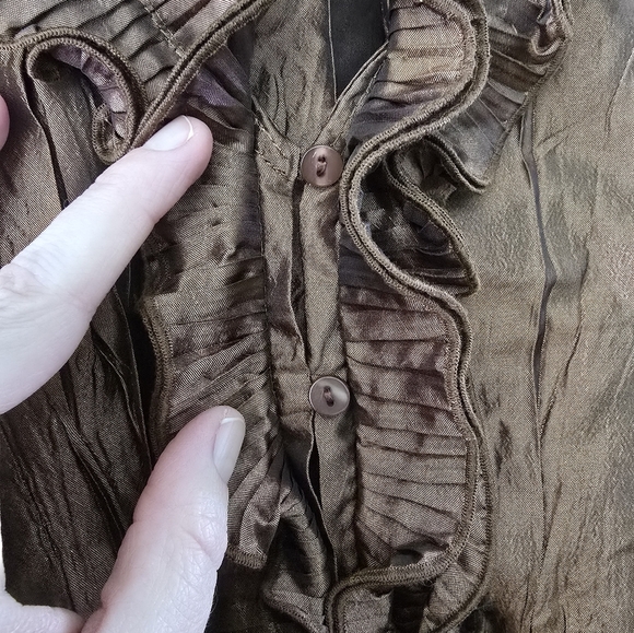 Color Works Womens Top XL Brown Satin Accordion Pleat Ruffled Crinkle Blouse - Picture 3 of 8